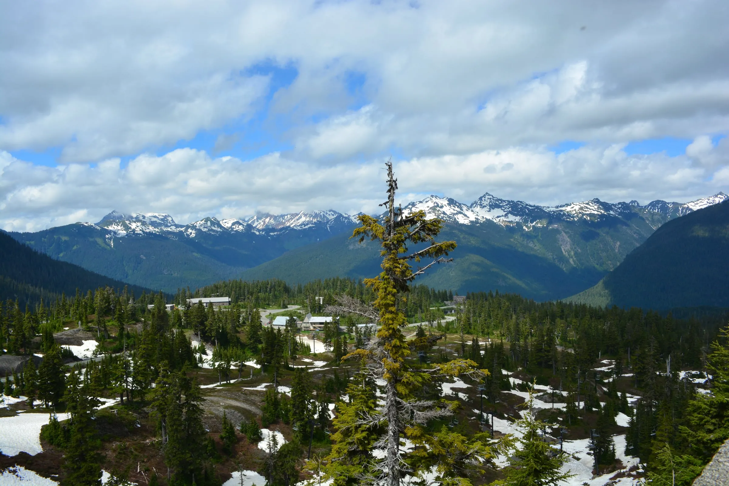 Heather Meadows base area buildings and parking lots at Mt. Baker Ski Area in July with lingering snow patches