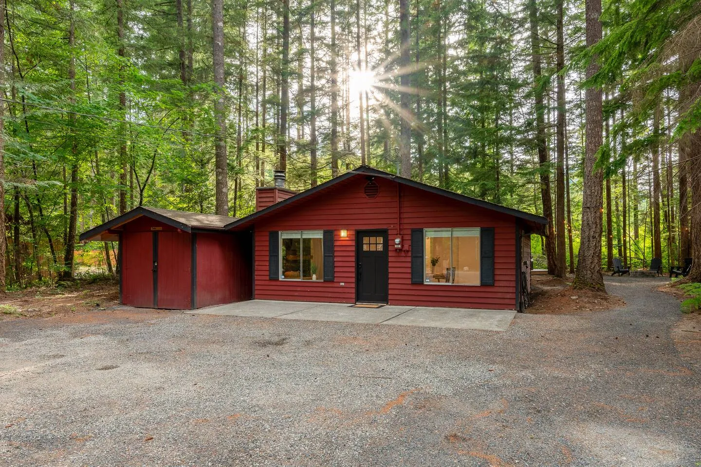 Red cabin exterior surrounded by evergreens